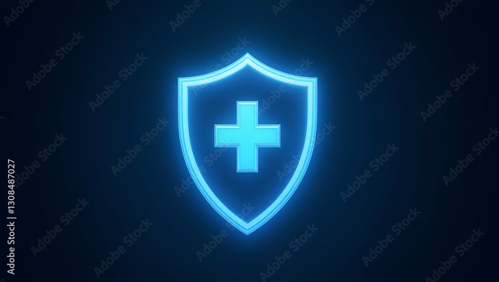 Poster flat healthcare shield depicted by a glowing holographic shield with a cross representing health cov
