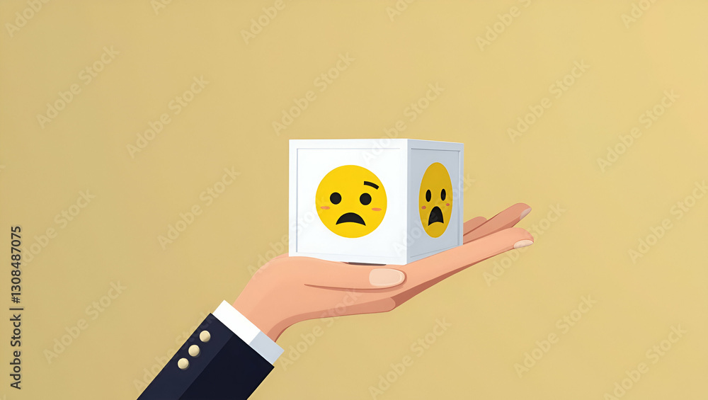 Poster visualizing customer sentiment: hand holding cube with happy & sad emoticons in flat vector style