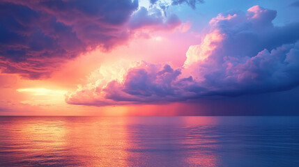 Obraz premium Vibrant sunset over a calm ocean with colorful clouds