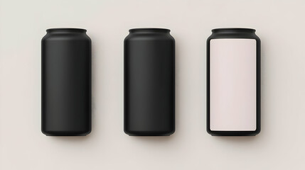 Three Minimalist Cans with Different Designs on Neutral Background