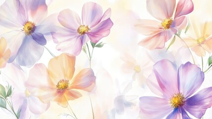 Obraz premium Watercolor Illustration set of Pink cosmos flowers on a white background,spring summer nature,Vibrant pink cosmos blooming,Children's card,banner,raindrops drawn by hand.