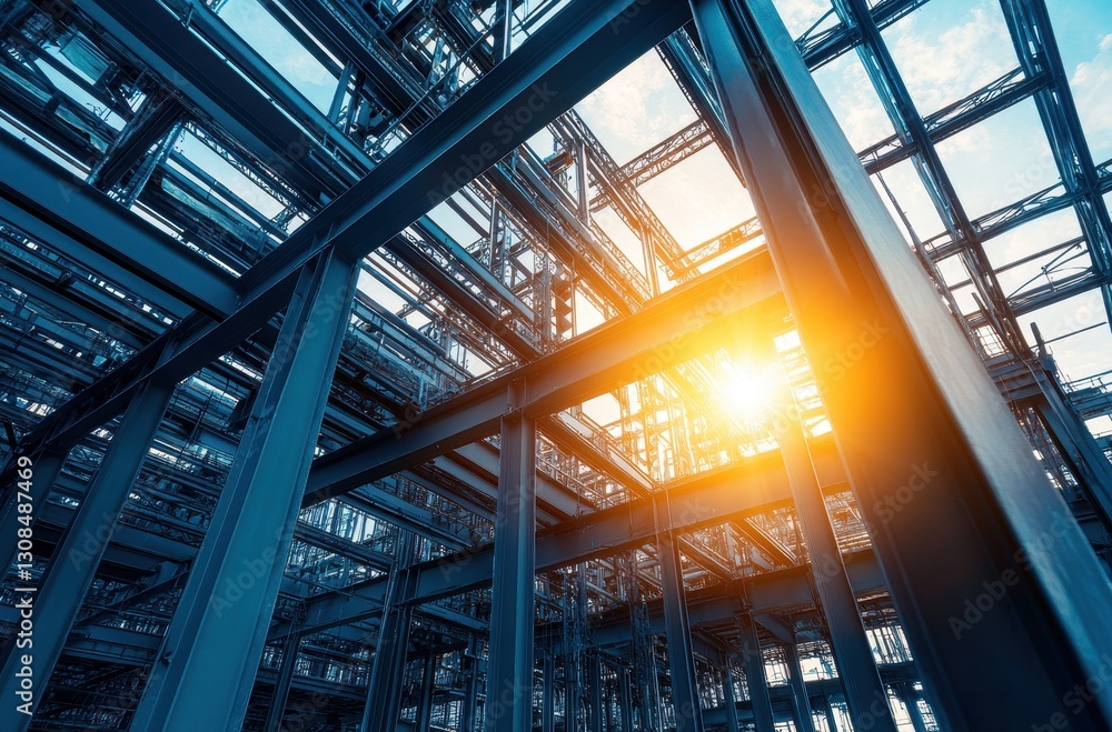 Aufkleber captivating view of industrial steel framework in urban setting with a glowing sunlight background a