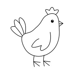 Cartoon chicken standing on two legs with a simple design and playful features in a minimalistic style