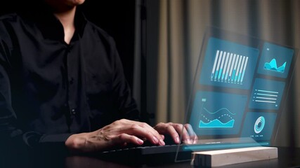 connect, cyberspace, cyber, web, security, tech, access, Man in black shirt types on a keyboard, with transparent data charts and analytics displayed in a high-tech overlay. - Powered by Adobe