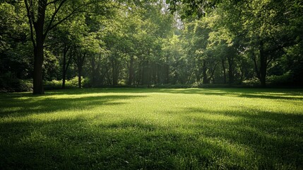 Obraz premium Lush Green Forest Landscape Bathed in Gentle Sunlight and Shadows
