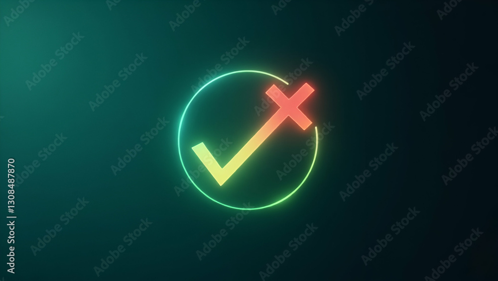 Poster a floating holographic green checkmark and red cross for task decisions concept as a floating hologr