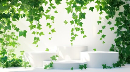 White Circular Platforms Surrounded by Lush Green Ivy Vines