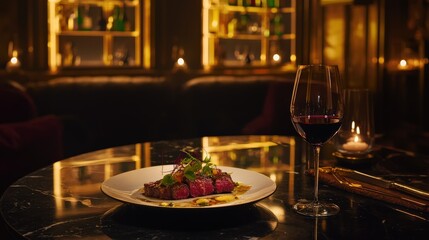 Fototapeta premium Elegant Fine Dining Experience with Wagyu Steak and Merlot Wine