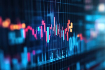 A close-up of a financial stock graph with dynamic bar charts and upward and downward movements representing economic shifts.