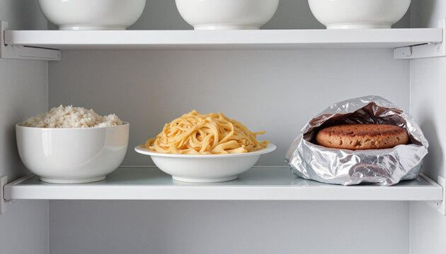 Minimalistic refrigerator shelf displaying containers of leftover meals, highlighting food waste and sustainability - Powered by Adobe