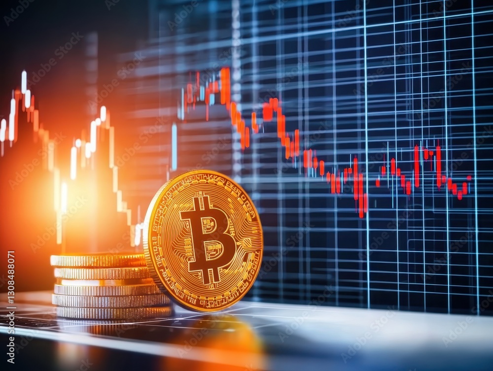 Poster bitcoin coin resting on a laptop keyboard symbolizing the integration of technology and cryptocurren