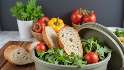 Food recycling bin with fresh produce and bread scraps highlighting composting importance for Stop Food Waste Day