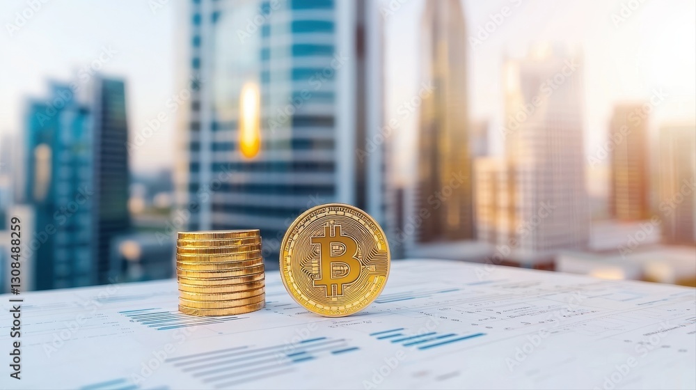 Poster two bitcoin coins displayed together emphasizing financial concepts and technology in the realm of s