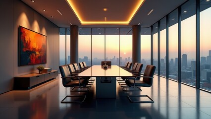 Fototapeta premium Luxury corporate aesthetics, Pristine luxury boardroom at dusk with city skylines chrome furniture soft lighting and abstract art in rich tones.
