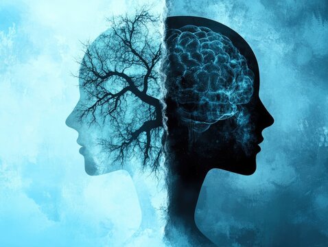 Bipolar Insights: Silhouette Depicting Split Personality and Mood Disorders against a Calming Blue Backdrop