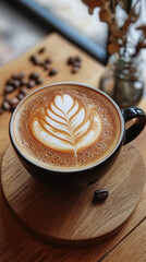Latte art in a black mug with coffee beans