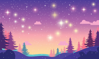 Naklejka premium Pine Trees in Nature Landscape with Beautiful Majestic Sky Panoramic with Twinkling Stars at Night