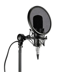 Studio microphone with pop filter on stand.