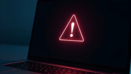 Digital Interface Concept: Glowing Holographic Triangle with Exclamation Mark on Laptop Screen Signifying Error Warnings and System Alerts - Stock Photo with Empty Space for Customization