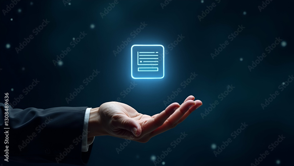 Poster hand holding holographic customization icon: showcasing low code development flexibility in minimali