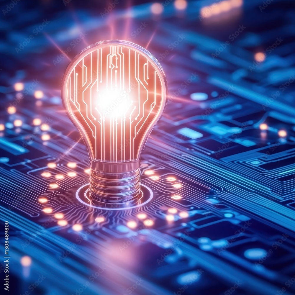Poster light bulb positioned on a circuit board representing innovative ideas in tokenomics and digital cur