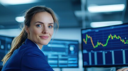 Fototapeta premium Confident businesswoman dressed in elegant blue suit exuding professionalism in corporate environment