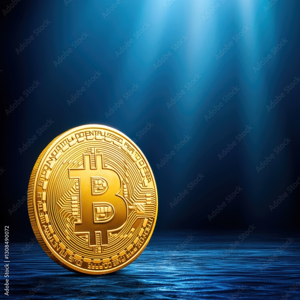 Poster close-up of a bitcoin coin representing digital currency in the context of modern business and techn