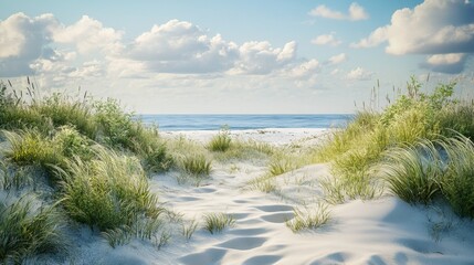 Peaceful Beach Path with Soft Sand and Lush Green Grass