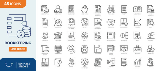 Bookkeepin icon set. Containing Audit, ledger, receipt, balance sheet, tax, revenue, financial reports, savings, and more. Outline Icon Collection. Vector illustration. Editable stroke	