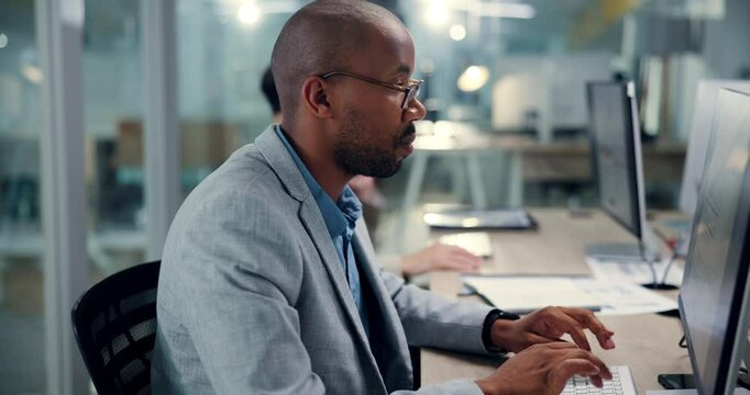 Typing, online and computer with business man in office for research, reading and admin report. Account manager, policy and planning with employee in agency for client feedback, advisor and broker