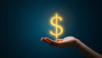 Hand Showcasing Holographic Pricing Icon in Minimalist Setting for Sales Marketing Concept