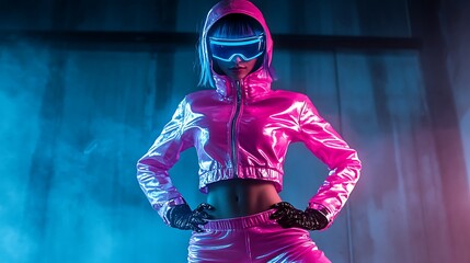 Cyberpunk woman in pink neon outfit.