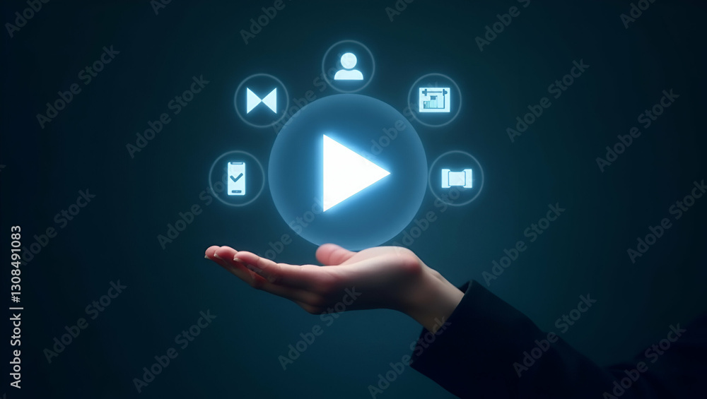 Poster glowing holographic play button: a guide to interactive streaming content creation in multimedia