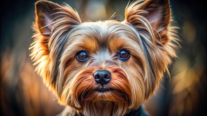 Fototapeta premium Yorkshire Terrier Close Up Portrait, Panoramic Dog Photography, Puppy Face, Fluffy Dog, Cute Yorkie