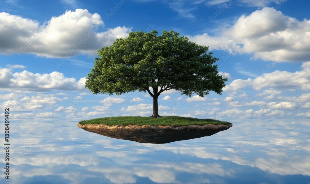 Poster lone tree on floating island with clouds and blue sky reflection, ideal for environmental concepts