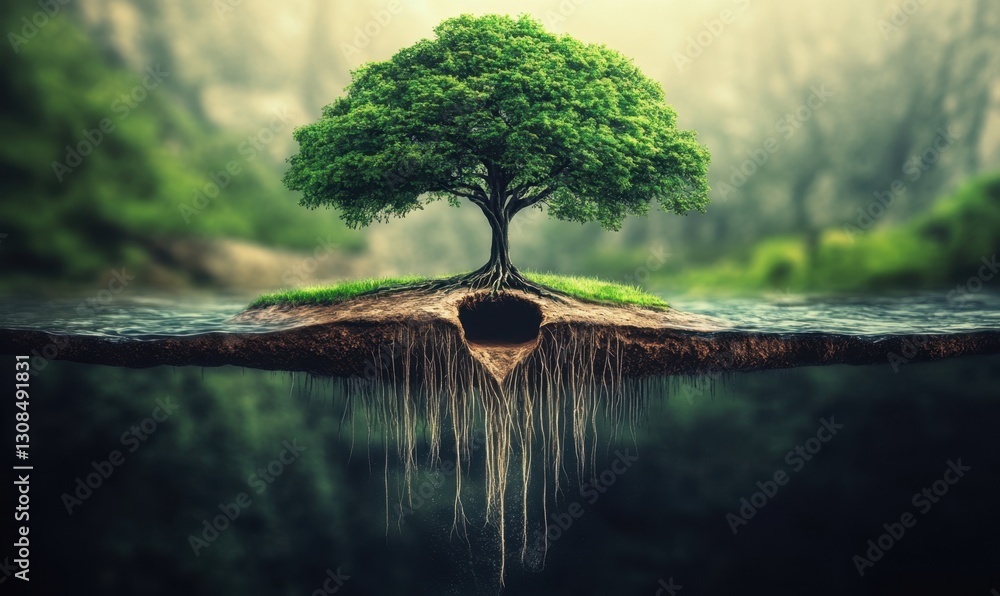 Poster lone tree on floating island with exposed roots in misty forest