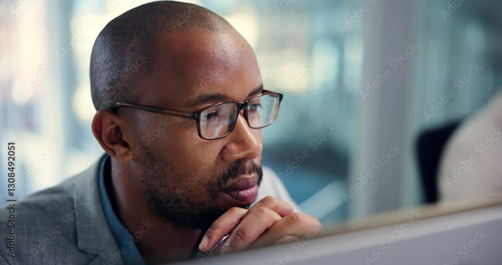 Poster research, online and man with computer, business and planning for copywriting in marketing agency an