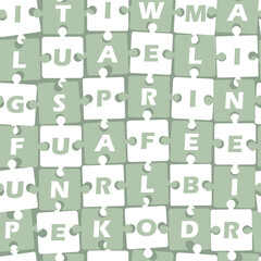 Spring Crossword Pattern. Seamless Puzzle Background with Spring Words. Chess. Season Print. Template. Spring, Flower, Sun, April, Bird, Bee, Tulip, Rain, Fun. Vector in Green, White