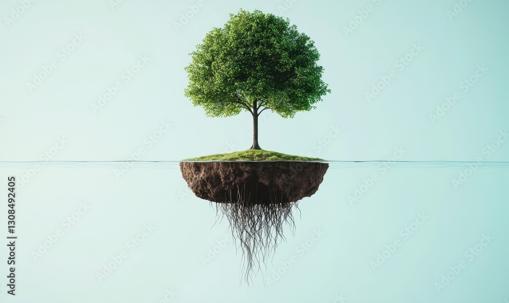 Poster lone tree on floating island with visible roots, serene background, ideal for environmental concepts
