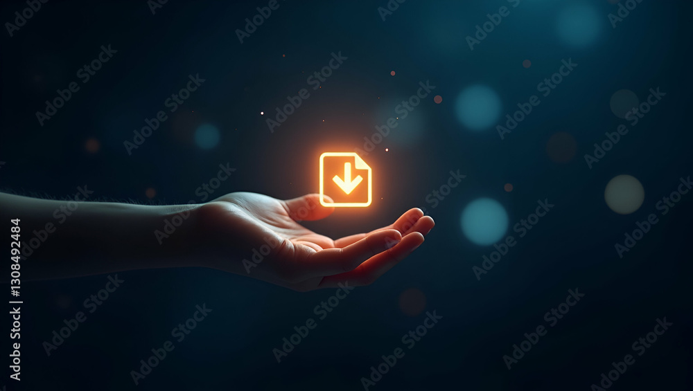 Poster futuristic neon download icon: real-time progress control for quick and secure file transfers in pho