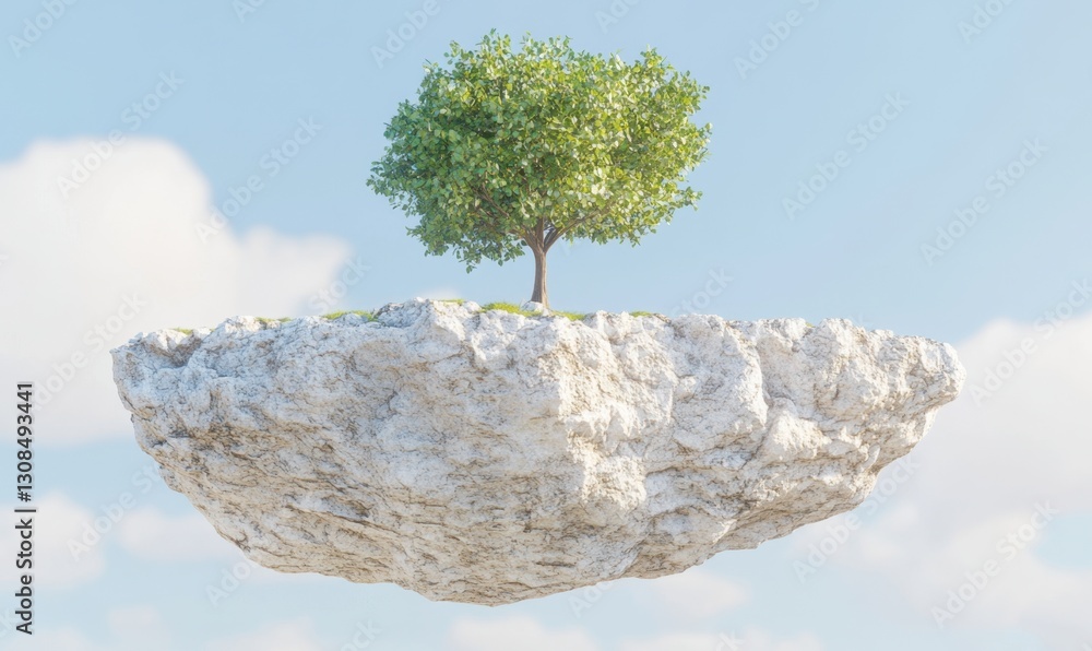 Poster lone tree on floating rock island in cloudy sky, ideal for environmental concepts