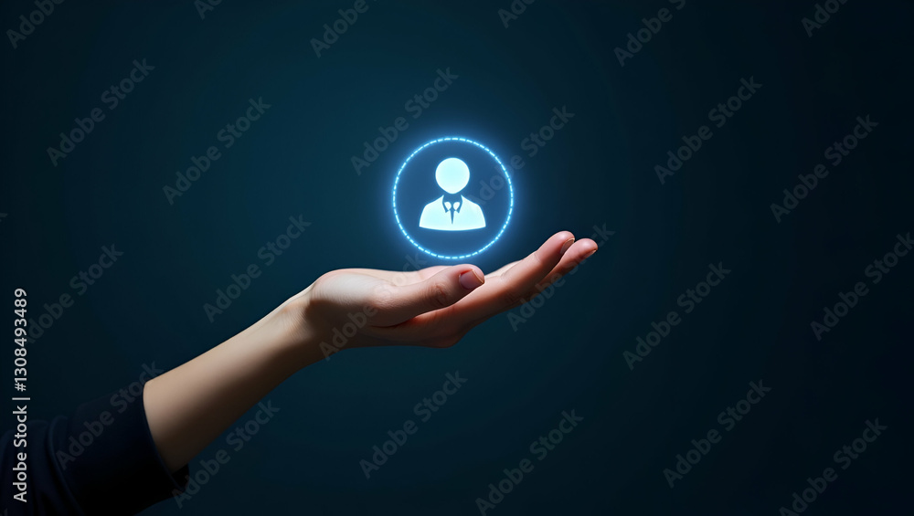 Poster hand holding holographic usability icon: showcasing low code development ease of use in clean space