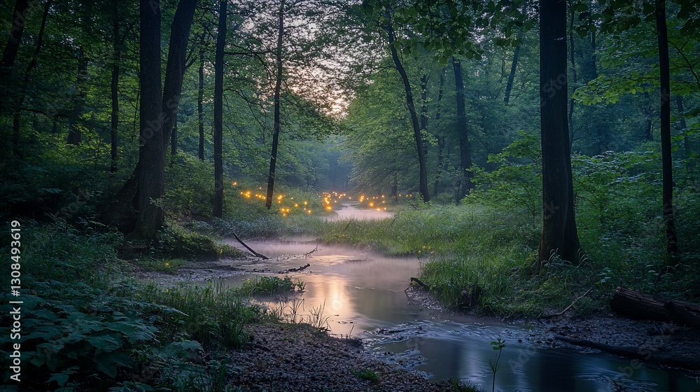 Poster serene twilight scene in a lush forest with a calm stream and glowing lights.