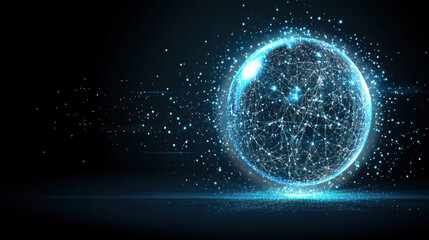 Obraz premium Abstract digital globe with glowing network connections and particle effects against a black background.