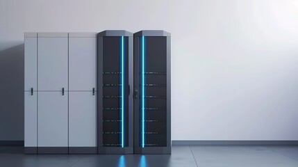 Futuristic supercomputer with glowing blue lights in a high-tech minimalist environment, showcasing advanced technology and innovation with ample copy space for design.