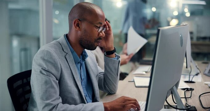 Stress, headache and computer with business man in office for research glitch, tired and admin report. Debt manager, fatigue and auditor with employee in agency for client feedback and broker