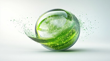 Abstract green and white sphere with particle effect