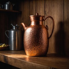 A hammered copper water jug, glowing under warm light, placed on a wooden kitchen shelf.