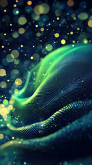 Abstract green and blue dotted wave with bokeh lights