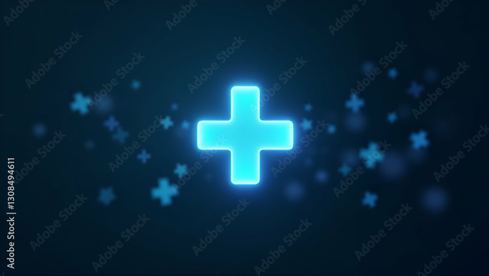 Poster glowing cross icon with digital health modules for role play pushing participants to test innovative